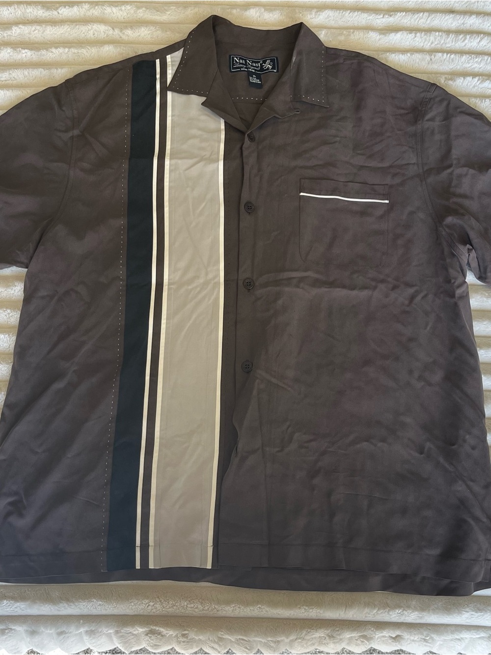Nat Nast Brown Short-Sleeve Dress Shirt with Ivory and Black Stripe - Picture 1 of 6